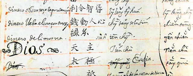 El detalle del diccionario muestra la entrada "Dios" (Dios) con su carácter chino y su equivalente "Tai-chi" tachado por el editor dominicano, quien lo etiquetó como "erehia" o "herético", un rastro del conflicto de ritos chinos en el siglo XVII entre los dominicos y los jesuitas.