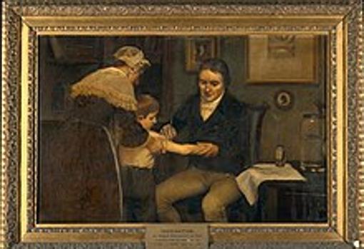 Jenner performing her first vaccination on James Phipps, an 8-year-old boy. May 14, 1796