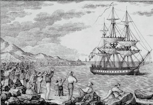 El María Pita, navío fletado para la expedición, partiendo del puerto de La Coruña en 1803 (grabado de Francisco Pérez).