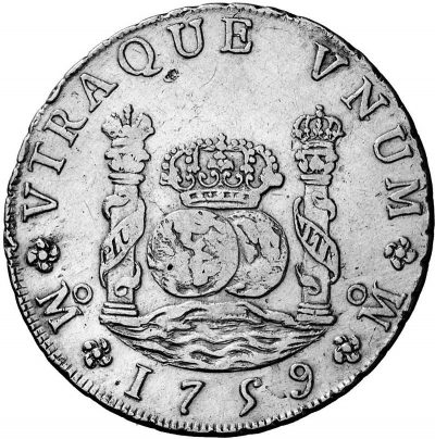Silver colonnade, the inspiration for the creation of the dollar symbol, $. This design belongs to the reign of Fernando VI, minted at the mint of Mexico.