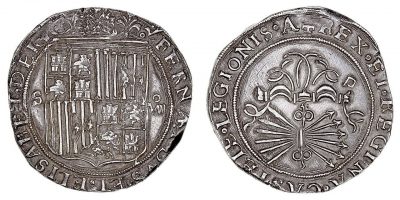 8 silver reales with the coat of arms of the Catholic Monarchs, minted in Seville. Undated but after 1497