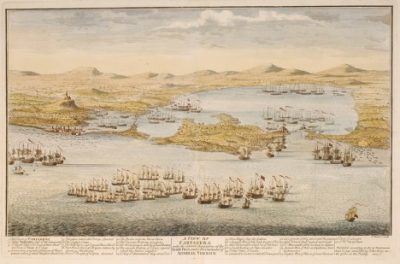A View of Cartagena with the several dispositions of the British Fleet under the Command of Admiral Vernon. Isaac Basire. London 1741