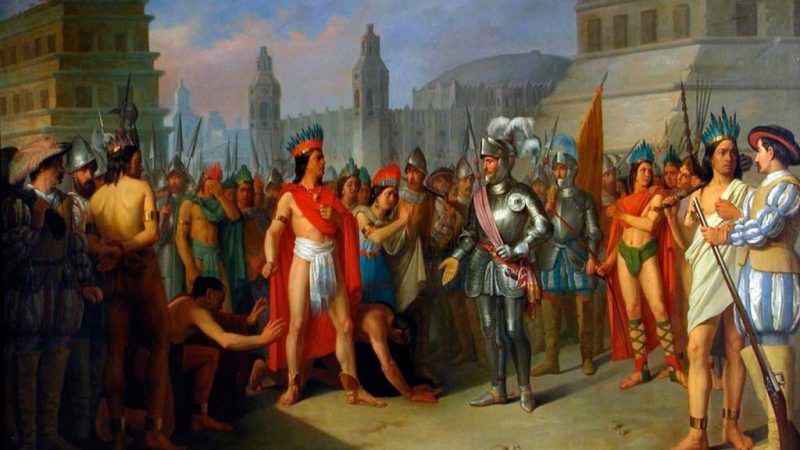 Idealised image of the encounter between Hernán Cortés and Moctezuma, a story that has been manipulated by the Black Legend.