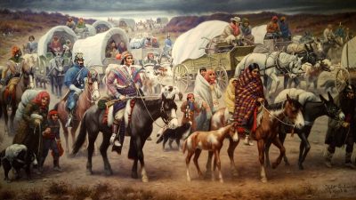 The trail of tears, 1838. The removal of the Cherokee Native Americans to the West in 1838. Oil on canvas, 1942, by Robert Lindneux