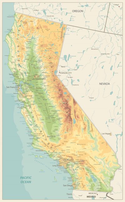 Terrain map of the state of California. Monterey Bay is adjacent to the city of Salinas.