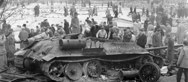Soviet tank destroyed in the streets of Budapest during the 1956 Hungarian Revolution