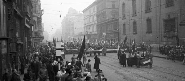 Kossuth Lajos Street as seen from Ferenciek Square: anti-Soviet demonstrators march in protest against USSR control of Hungary, 25 October 1956