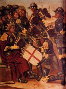 Peter I receiving a shield emblazoned with St George's Cross.