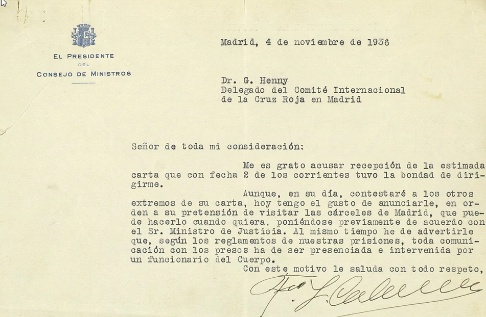 Letter from Largo Caballero to George Henny | Spanish Red Cross Documentation Centre. CIRC Archive