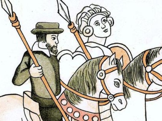Rider identifiable with María de Estrada, riding with Hernán Cortés. Tlaxcala canvas